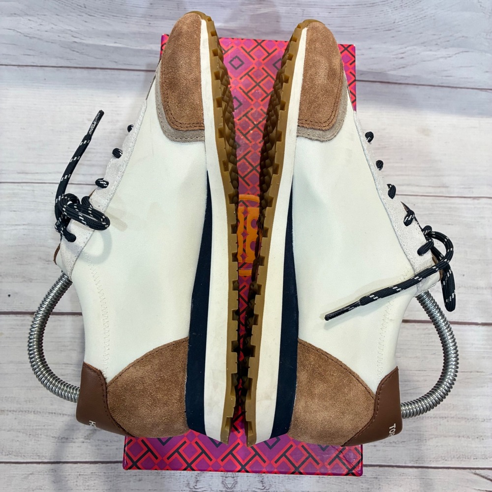 Tory Burch Annie Nylon Runner Sneakers Womens 7.5 Cream Brown Suede Logo - Picture 5 of 8